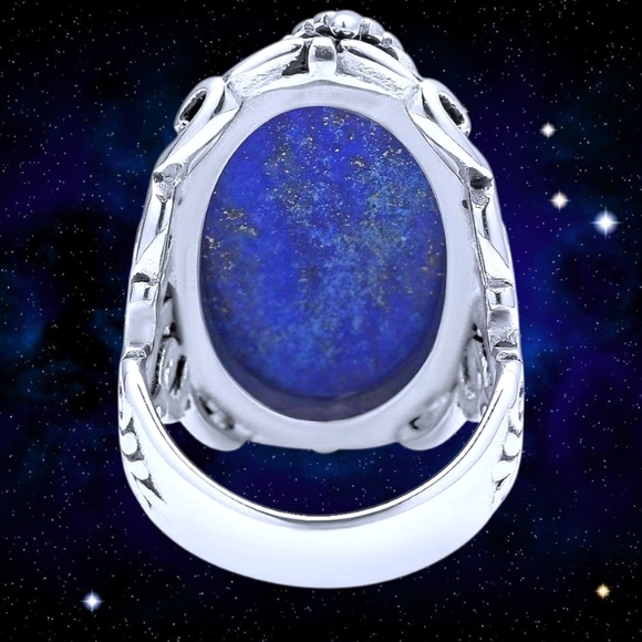 Handmade Black Oxidized Stainless & 14K Yellow Gold Lapis Lazuli Ring  Size 7 - Picture 3 of 4